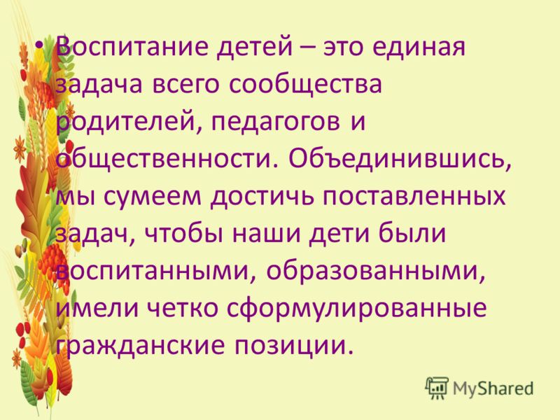 Воспитание детей – это единая задача всего сообщества родителей, педагогов и общественности. Объединившись, мы сумеем достичь поставленных задач, чтоб