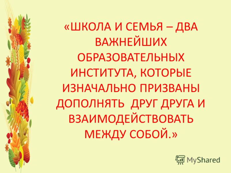 «ШКОЛА И СЕМЬЯ – ДВА ВАЖНЕЙШИХ ОБРАЗОВАТЕЛЬНЫХ ИНСТИТУТА, КОТОРЫЕ ИЗНАЧАЛЬНО ПРИЗВАНЫ ДОПОЛНЯТЬ ДРУГ ДРУГА И ВЗАИМОДЕЙСТВОВАТЬ МЕЖДУ СОБОЙ.»