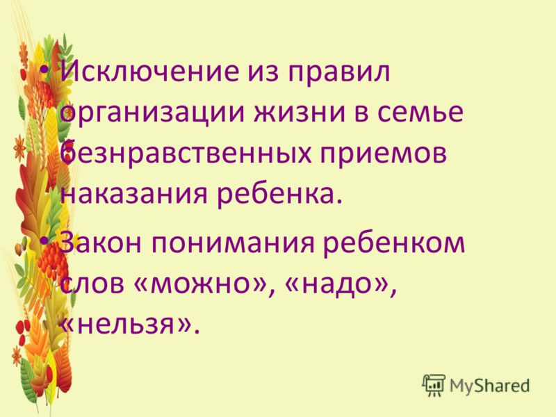 Исключение из правил организации жизни в семье безнравственных приемов наказания ребенка. Закон понимания ребенком слов «можно», «надо», «нельзя».