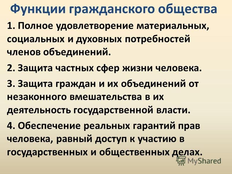 Функции гражданского общества 1. Полное удовлетворение материальных, социальных и духовных потребностей членов объединений. 2. Защита частных сфер жизни человека. 3. Защита граждан и их объединений от незаконного вмешательства в их деятельность госуд