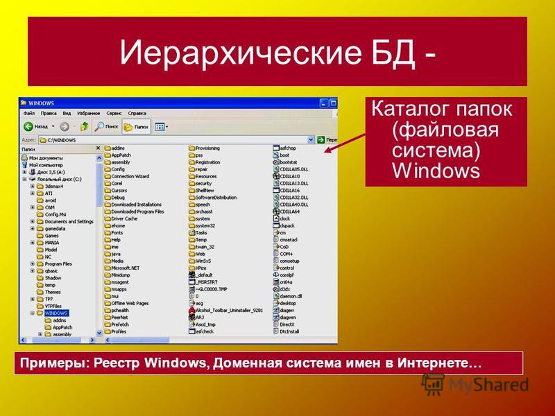 Иерархические БД - Каталог папок (файловая система) Windows Примеры: Реестр Windows, Доменная система имен в Интернете…