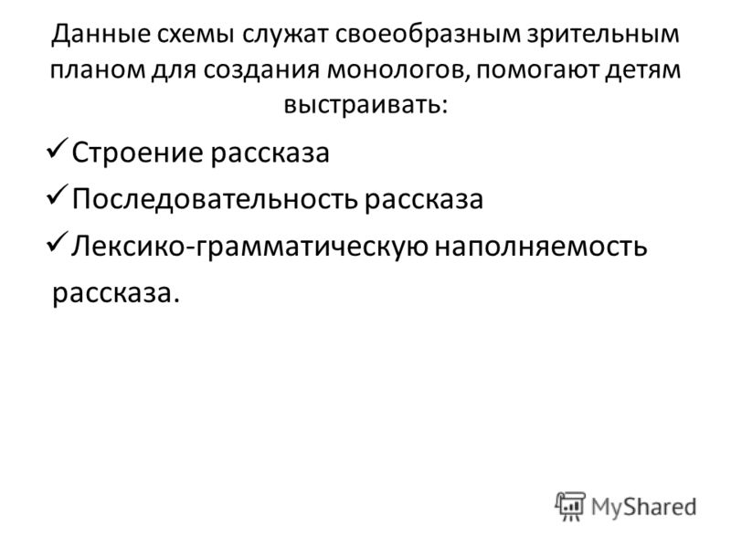 Данные схемы служат своеобразным зрительным планом для создания монологов, помогают детям выстраивать: Строение рассказа Последовательность рассказа Л