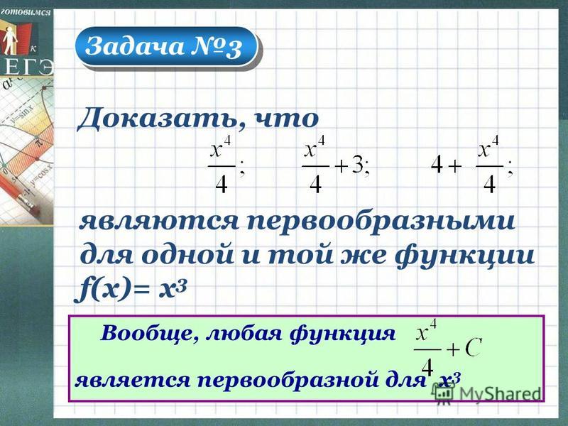 Задача 3 Доказать, что являются первообразными для одной и той же функции f(x)= х 3 Вообще, любая функция является первообразной для х 3