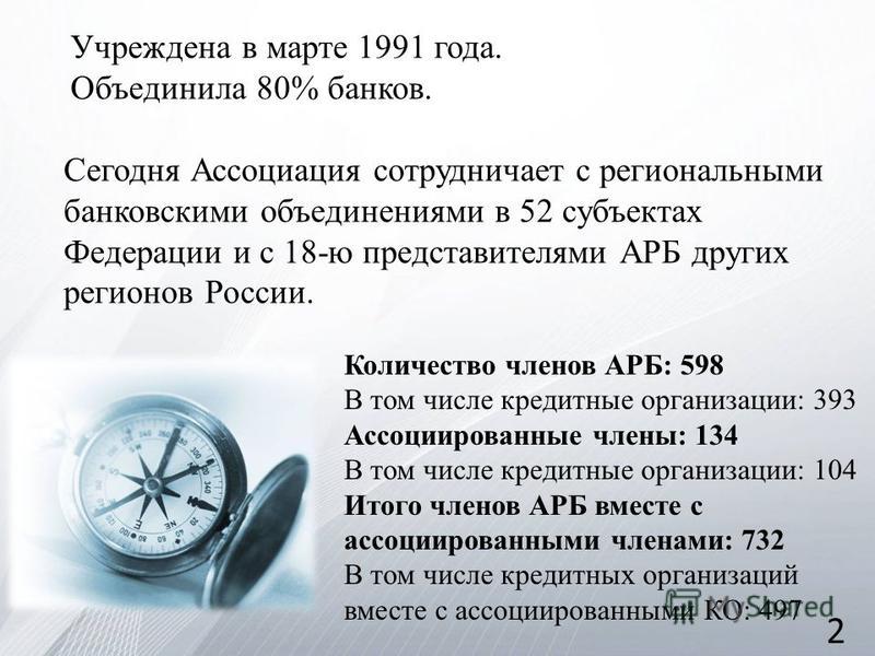 Учреждена в марте 1991 года. Объединила 80% банков. Сегодня Ассоциация сотрудничает с региональными банковскими объединениями в 52 субъектах Федерации и с 18-ю представителями АРБ других регионов России. Количество членов АРБ: 598 В том числе кредитн