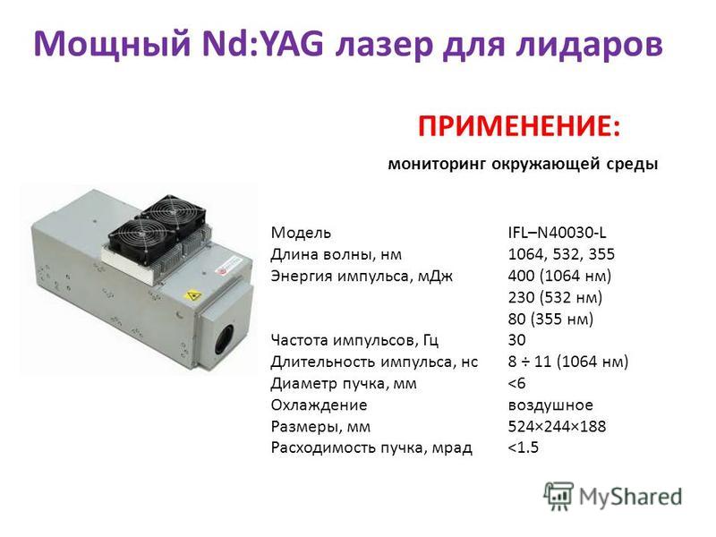 Мощный Nd:YAG лазер для лидаров ПРИМЕНЕНИЕ: мониторинг окружающей среды Модель Длина волны, нм Энергия импульса, м Дж Частота импульсов, Гц Длительность импульса, нс Диаметр пучка, мм Охлаждение Размеры, мм Расходимость пучка, мрад IFL–N40030-L 1064,