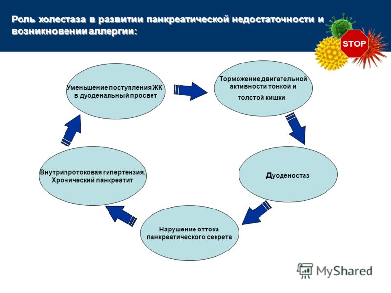 STOP Уменьшение поступления ЖК в дуоденальный просвет Торможение двигательной активности тонкой и толстой кишки Нарушение оттока панкреатического секр