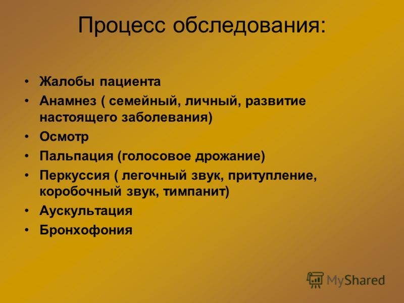 Процесс обследования: Жалобы пациента Анамнез ( семейный, личный, развитие настоящего заболевания) Осмотр Пальпация (голосовое дрожание) Перкуссия ( л