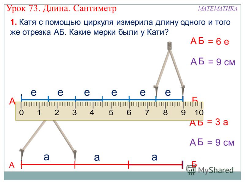 1. Катя с помощью циркуля измерила длину одного и того же отрезка АБ. Какие мерки были у Кати? А Б ееееее А Б = 6 е А Б а а а А Б = 3 а А Б = 9 см А Б