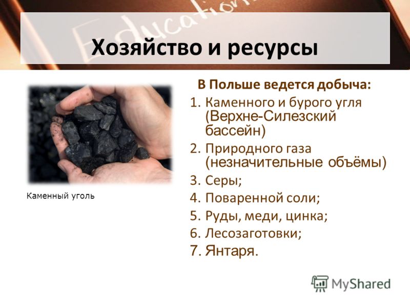 Хозяйство и ресурсы В Польше ведется добыча: 1.Каменного и бурого угля ( Верхне-Силезский бассейн) 2.Природного газа (незначительные объёмы) 3.Серы; 4