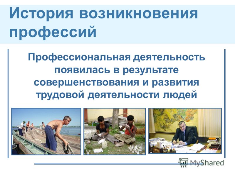 История возникновения профессий Профессиональная деятельность появилась в результате совершенствования и развития трудовой деятельности людей