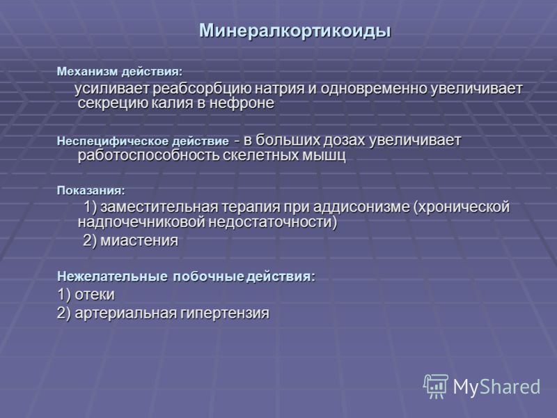 Минералкортикоиды Механизм действия: усиливает реабсорбцию натрия и одновременно увеличивает секрецию калия в нефроне усиливает реабсорбцию натрия и о