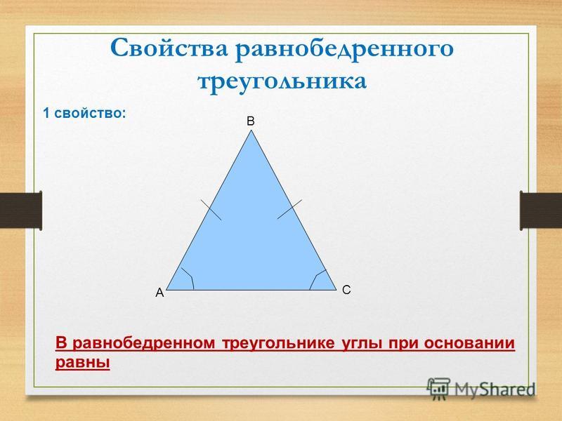 Свойства равнобедренного треугольника 1 свойство: В равнобедренном треугольнике углы при основании равны А В С