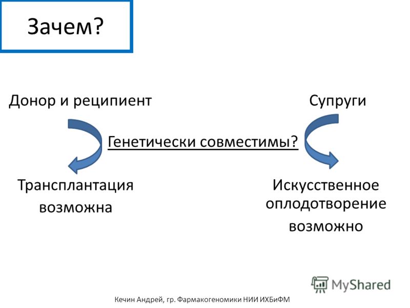 Зачем? Трансплантация возможна Генетически совместимы? Искусственное оплодотворение возможно Донор и реципиентСупруги Кечин Андрей, гр. Фармакогеномик