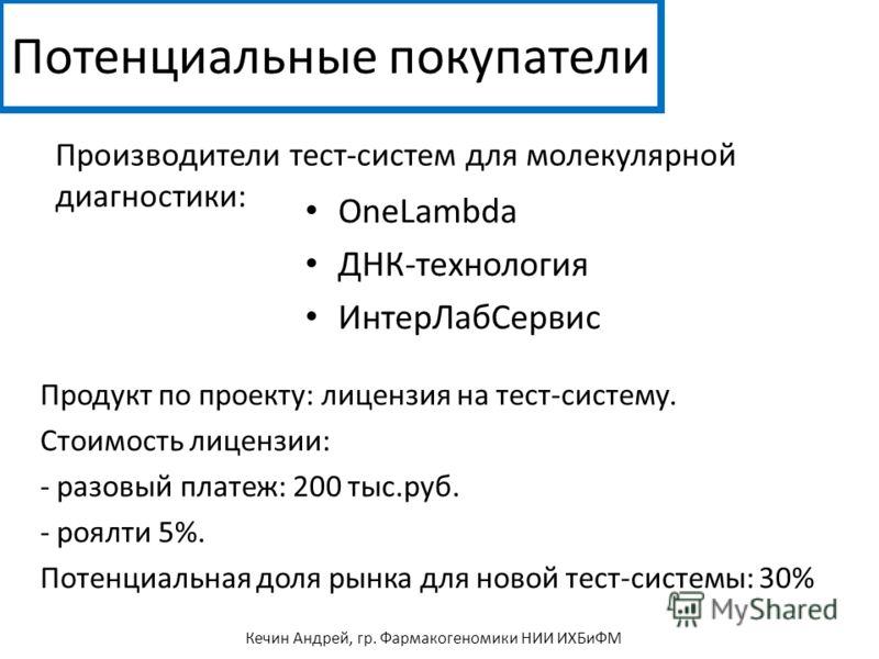 Потенциальные покупатели Кечин Андрей, гр. Фармакогеномики НИИ ИХБиФМ OneLambda ДНК-технология ИнтерЛабСервис Продукт по проекту: лицензия на тест-сис