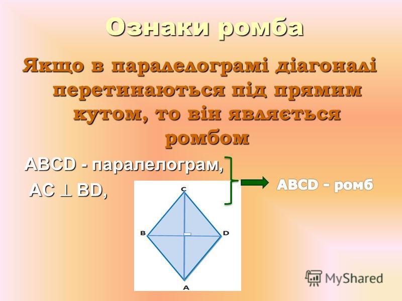 Діагоналі ромба перетинаються під прямим кутом і в точці перетину діляться пополам. СВ АD, СО = ОВ, АО = ОD Діагоналі ромба є бісектрисами його кутів Сума квадратів діагоналей ромба дорівнює сумі квадратів чотирьох сторін СВ2 + АD2 = 2(АВ2 + СD2)