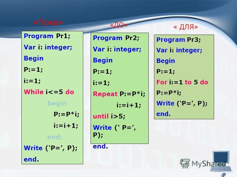 Program Pr1; Var i: integer; Begin P:=1; i:=1; While i<=5 do begin P:=P*i; i:=i+1; end; Write (P=, P); end. Program Pr2; Var i: integer; Begin P:=1; i:=1; Repeat P:=P*i; i:=i+1; until i>5; Write ( P=, P); end. Program Pr3; Var i: integer; Begin P:=1;
