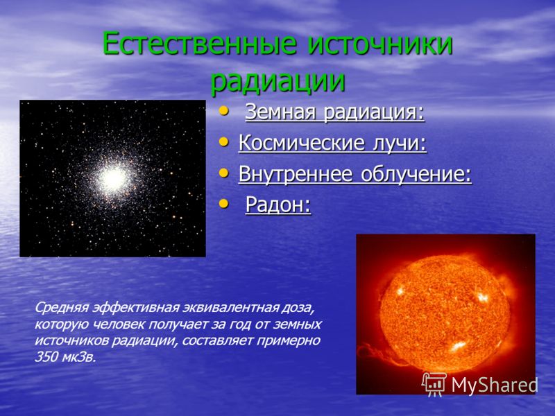 Естественные источники радиации Земная радиация: Земная радиация: Космические лучи: Космические лучи: Внутреннее облучение: Внутреннее облучение: Радо
