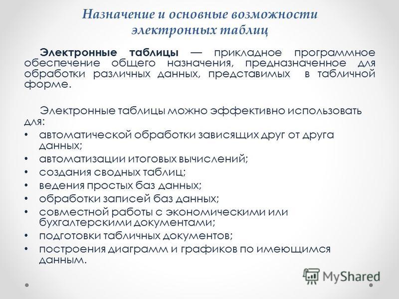 Электронные таблицы назначение и основные возможности тест 8 - TouristMaps.ru