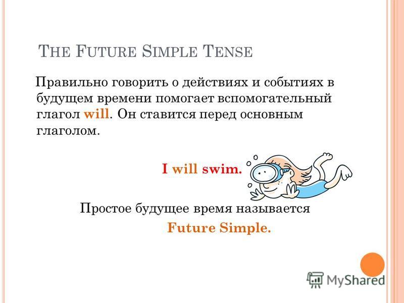 T HE F UTURE S IMPLE T ENSE Правильно говорить о действиях и событиях в будущем времени помогает вспомогательный глагол will. Он ставится перед основным глаголом. I will swim. Простое будущее время называется Future Simple.