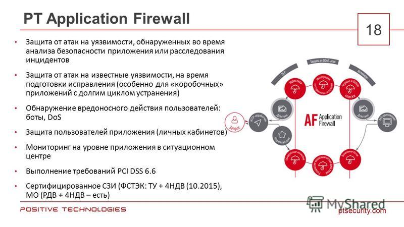 ptsecurity.com 18 PT Application Firewall Защита от атак на уязвимости, обнаруженных во время анализа безопасности приложения или расследования инцидентов Защита от атак на известные уязвимости, на время подготовки исправления (особенно для «коробочн