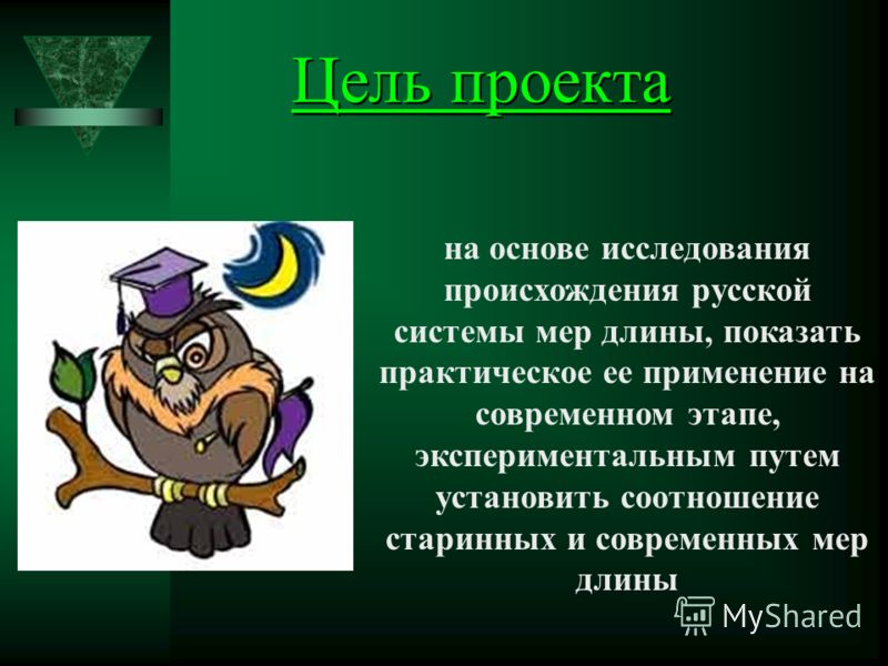 Цель проекта на основе исследования происхождения русской системы мер длины, показать практическое ее применение на современном этапе, экспериментальн