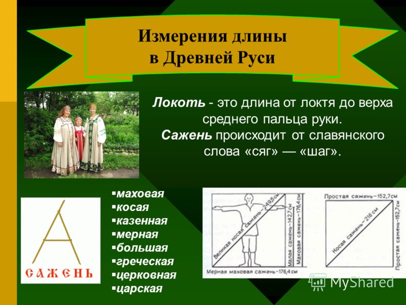 Измерения длины в Древней Руси Локоть - это длина от локтя до верха среднего пальца руки. Сажень происходит от славянского слова «сяг» «шаг». маховая 