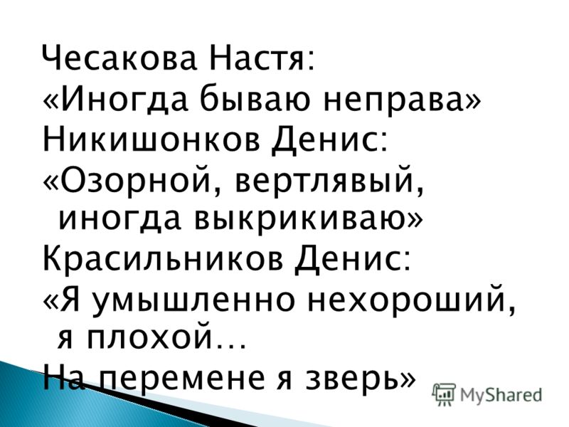 Чесакова Настя: «Иногда бываю неправа» Никишонков Денис: «Озорной, вертлявый, иногда выкрикиваю» Красильников Денис: «Я умышленно нехороший, я плохой…