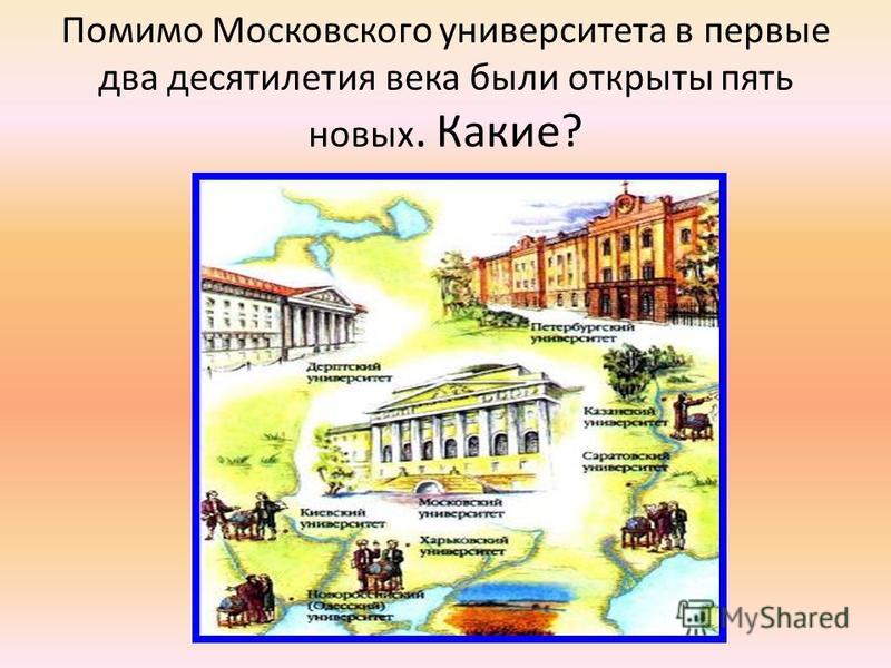 Помимо Московского университета в первые два десятилетия века были открыты пять новых. Какие?