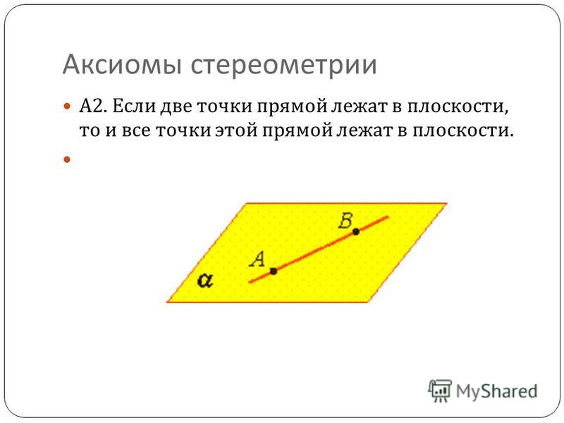 Аксиомы стереометрии А 2. Если две точки прямой лежат в плоскости, то и все точки этой прямой лежат в плоскости.