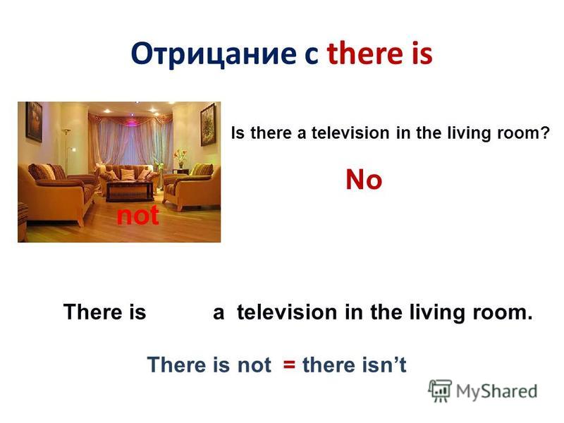 Отрицание с there is Is there a television in the living room? No There isa television in the living room. not There is not = there isnt