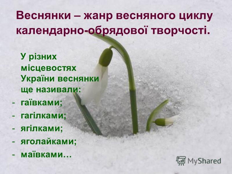 У різних місцевостях України веснянки ще називали: -гаївками; -гагілками; -ягілками; -яголайками; -маївками… Веснянки – жанр весняного циклу календарно-обрядової творчості.