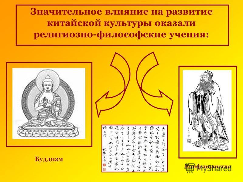 Значительное влияние на развитие китайской культуры оказали религиозно-философские учения: Конфуцианство Буддизм
