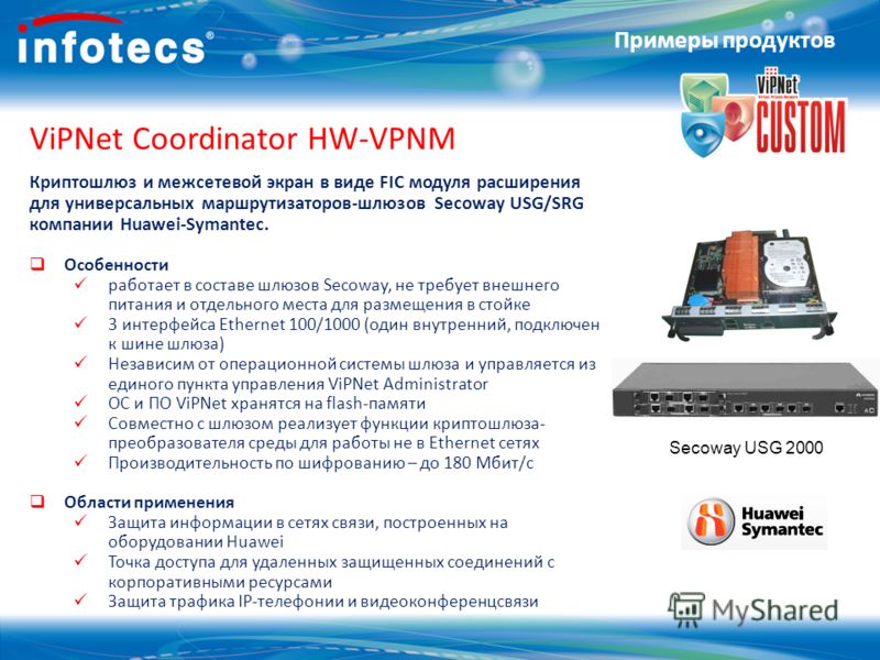 ViPNet Coordinator HW-VPNM Криптошлюз и межсетевой экран в виде FIC модуля расширения для универсальных маршрутизаторов-шлюзов Secoway USG/SRG компани