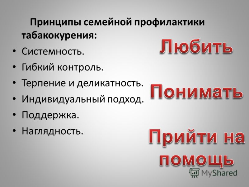 Принципы семейной профилактики табакокурения: Системность. Гибкий контроль. Терпение и деликатность. Индивидуальный подход. Поддержка. Наглядность.