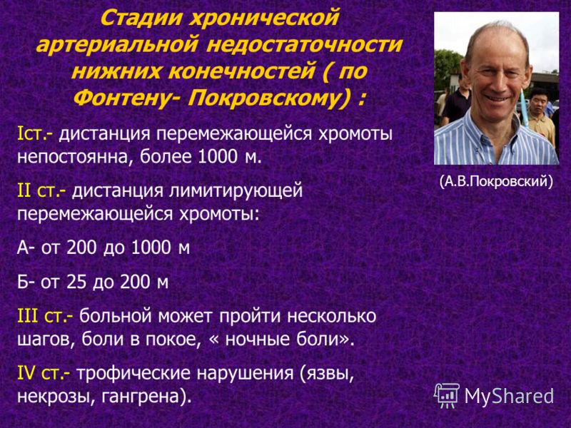 Стадии хронической артериальной недостаточности нижних конечностей ( по Фонтену- Покровскому) : Iст.- дистанция перемежающейся хромоты непостоянна, бо