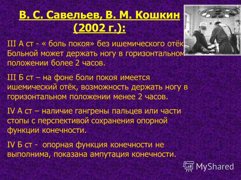 В. С. Савельев, В. М. Кошкин (2002 г.): III А ст - « боль покоя» без ишемического отёка. Больной может держать ногу в горизонтальном положении более 2