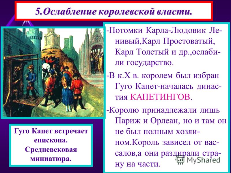 5.Ослабление королевской власти. -Потомки Карла-Людовик Ле- нивый,Карл Простоватый, Карл Толстый и др.,ослаби- ли государство. -В к.X в. королем был и