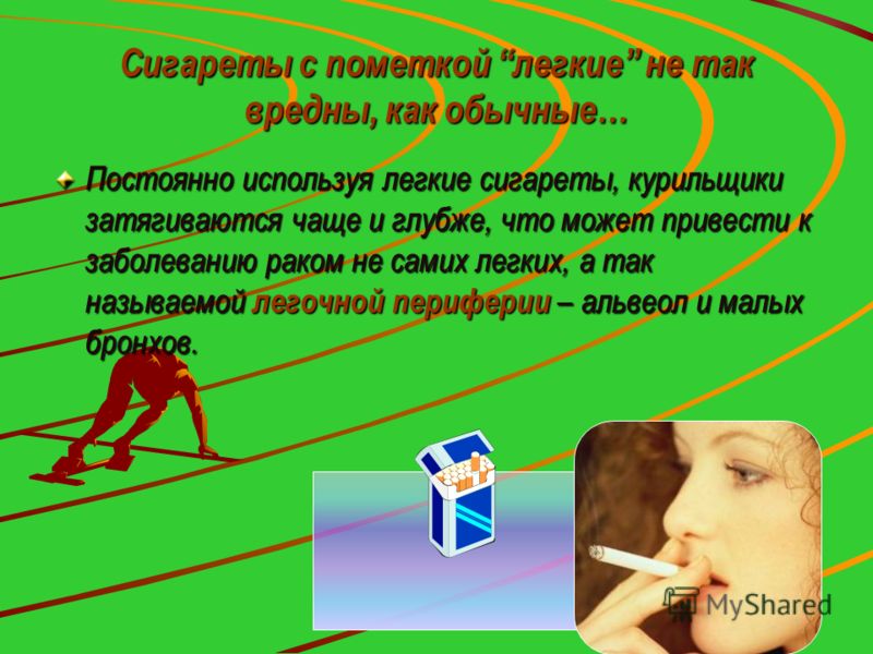 Сигареты с пометкой легкие не так вредны, как обычные… Постоянно используя легкие сигареты, курильщики затягиваются чаще и глубже, что может привести 
