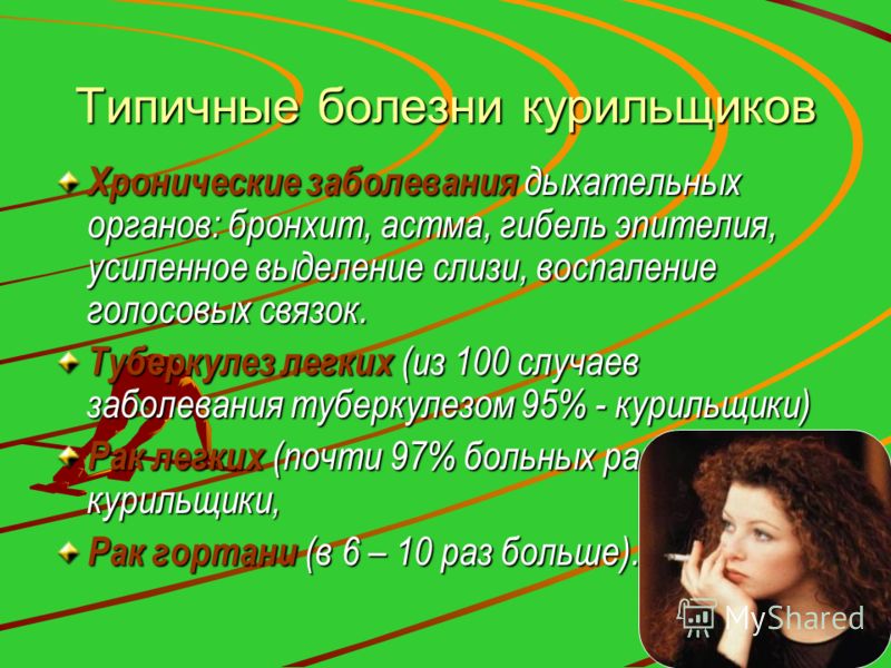 Типичные болезни курильщиков Хронические заболевания дыхательных органов: бронхит, астма, гибель эпителия, усиленное выделение слизи, воспаление голос
