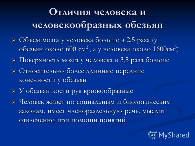 Отличия человека и человекообразных обезьян Объем мозга у человека больше в 2,5 раза (у обезьян около 600 см 3, а у человека около 1600см 3 ) Объем мо