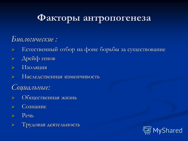 Факторы антропогенеза Биологические : Естественный отбор на фоне борьбы за существование Естественный отбор на фоне борьбы за существование Дрейф гено
