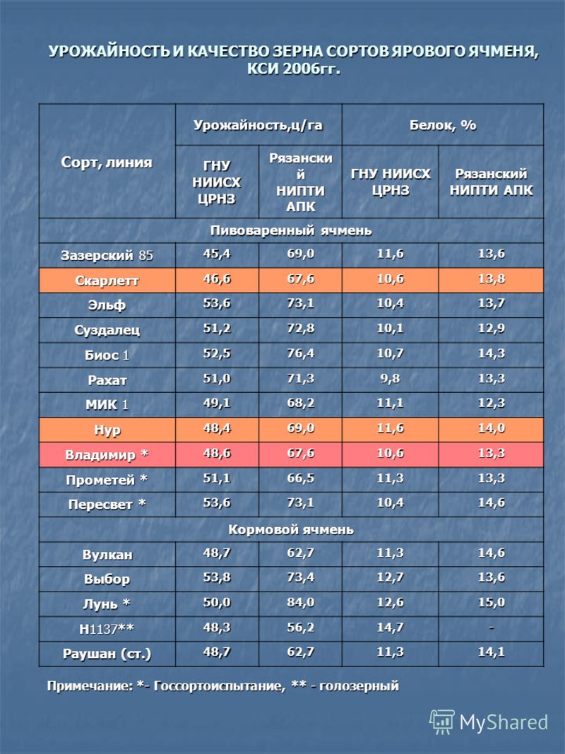УРОЖАЙНОСТЬ И КАЧЕСТВО ЗЕРНА СОРТОВ ЯРОВОГО ЯЧМЕНЯ, КСИ 2006гг. Cорт, линия Урожайность,ц/га Белок, % ГНУ НИИСХ ЦРНЗ Рязански й НИПТИ АПК ГНУ НИИСХ ЦР