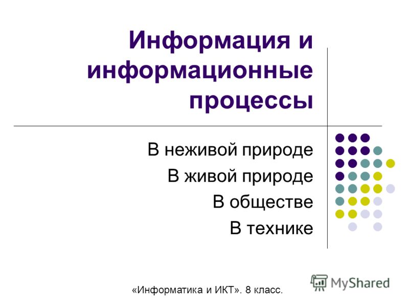 Информация и информационные процессы В неживой природе В живой природе В обществе В технике «Информатика и ИКТ». 8 класс.