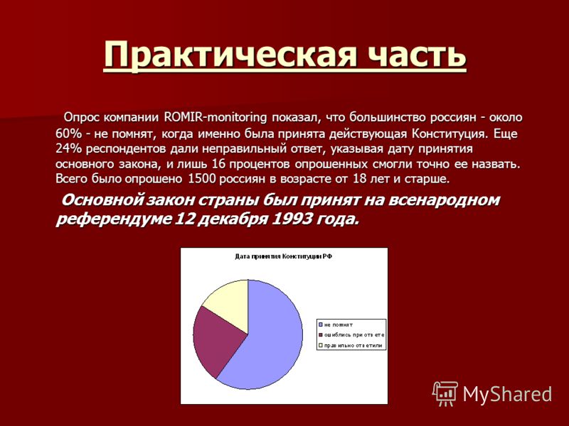 Практическая часть Опрос компании ROMIR-monitoring показал, что большинство россиян - около 60% - не помнят, когда именно была принята действующая Конституция. Еще 24% респондентов дали неправильный ответ, указывая дату принятия основного закона, и л