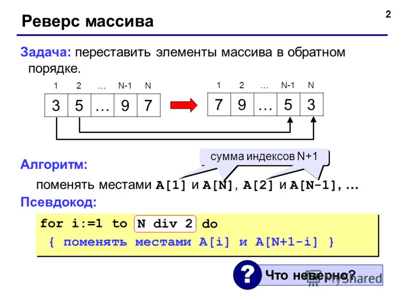 2 Реверс массива Задача: переставить элементы массива в обратном порядке. Алгоритм: поменять местами A[1] и A[N], A[2] и A[N-1], … Псевдокод: 35…97 79…53 12…N-1N 12… N for i:=1 to N do { поменять местами A[i] и A[N+1-i] } for i:=1 to N do { поменять 