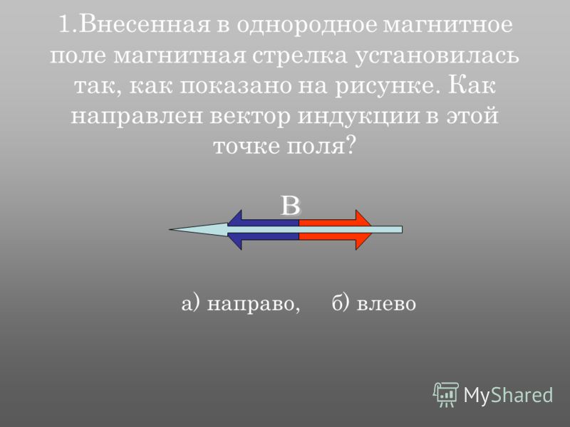 1.Внесенная в однородное магнитное поле магнитная стрелка установилась так, как показано на рисунке. Как направлен вектор индукции в этой точке поля? а) направо, б) влево