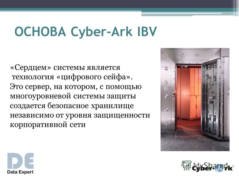 ОСНОВА Cyber-Ark IBV «Сердцем» системы является технология «цифрового сейфа». Это сервер, на котором, с помощью многоуровневой системы защиты создается безопасное хранилище независимо от уровня защищенности корпоративной сети
