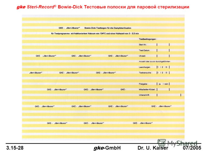 gke Steri-Record ® Bowie-Dick Тестовые полоски для паровой стерилизации 3.15-28 gke -GmbH Dr. U. Kaiser 07/2005