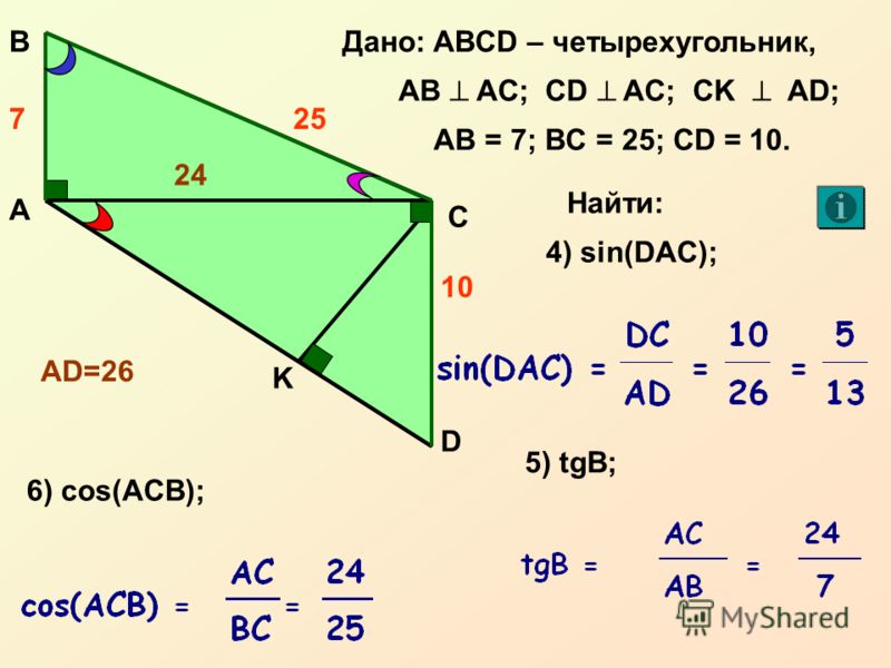 А С В D Дано: ABCD – четырехугольник, AB AC; CD AC; CK AD; 10 257 AB = 7; BC = 25; CD = 10. K Найти: 24 4) sin(DAC); 5) tgB; 6) cos(ACB); 24 AD=26