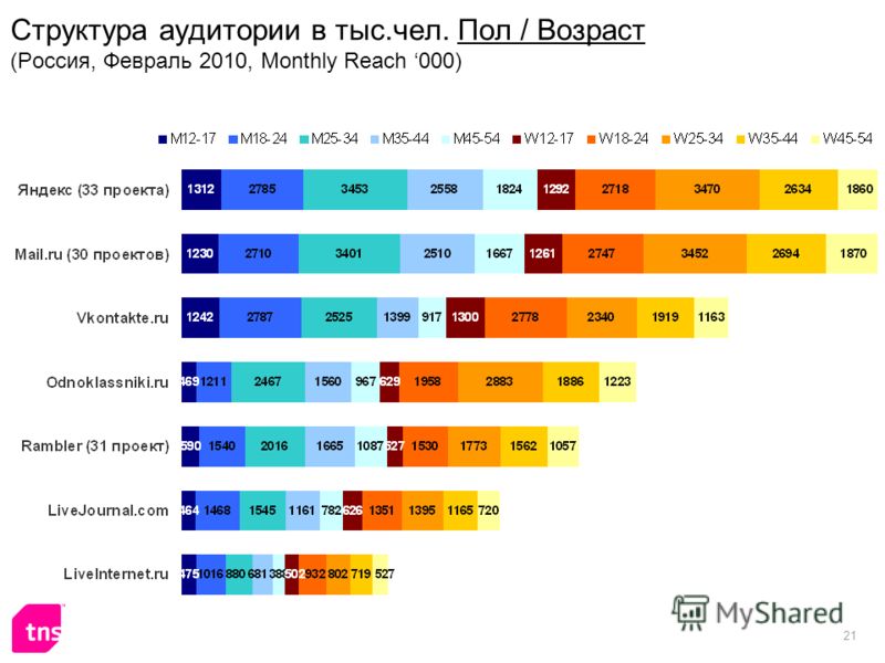 21 Структура аудитории в тыс.чел. Пол / Возраст (Россия, Февраль 2010, Monthly Reach 000)